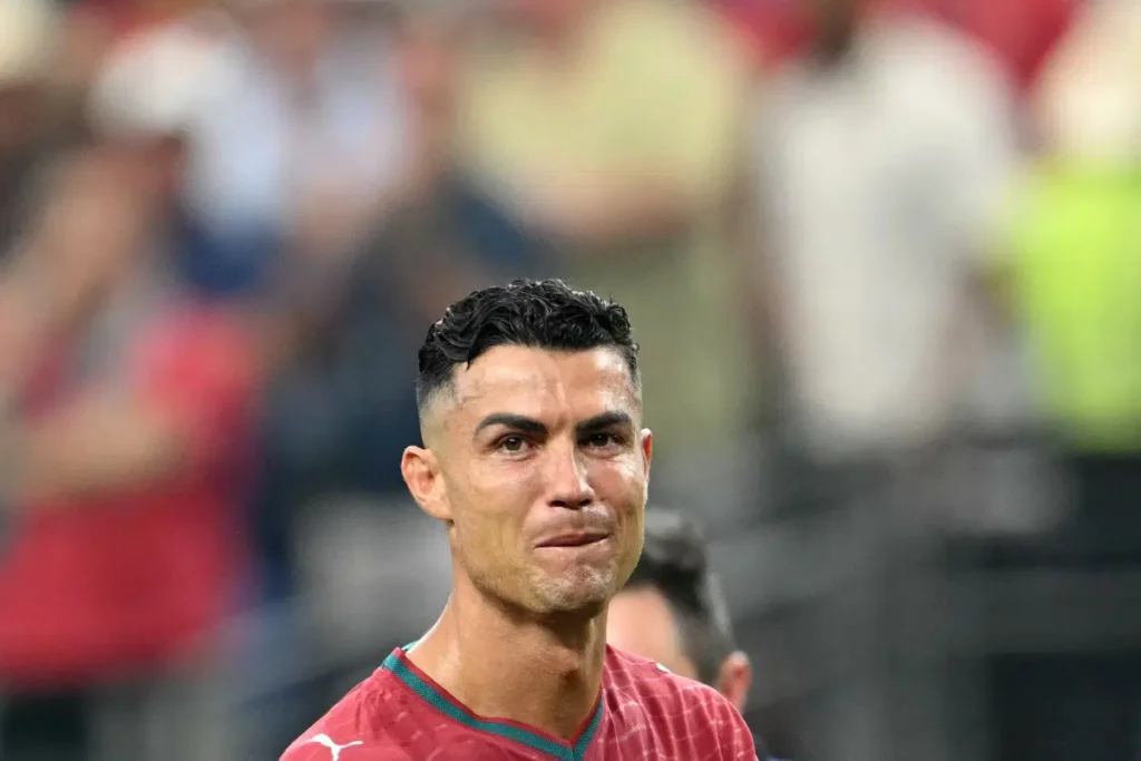 Portugal’s forward #07 Cristiano Ronaldo reacts after losing the 2026 World Cup round of 16 football match between Portugal and Spain at the Dallas Stadium in Arlington on July 6, 2026. (Photo by RONALDO SCHEMIDT / AFP)